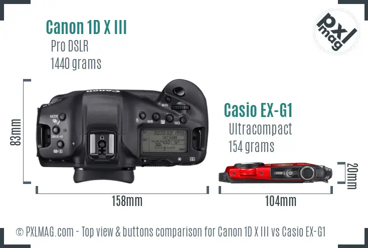 Canon 1D X III vs Casio EX-G1 top view buttons comparison