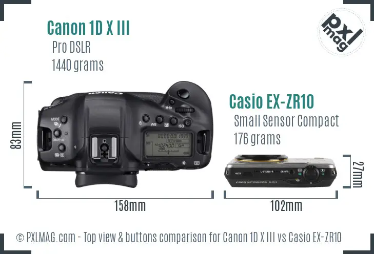 Canon 1D X III vs Casio EX-ZR10 top view buttons comparison Canon 1D X III vs Casio EX-ZR10 top view buttons comparison