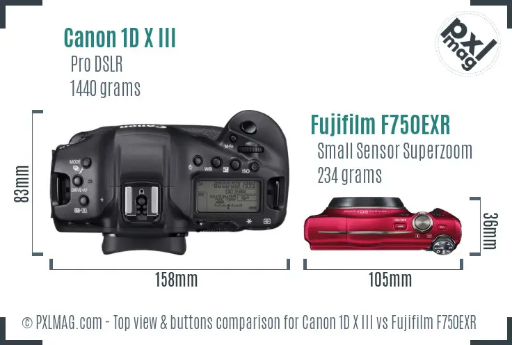 Canon 1D X III vs Fujifilm F750EXR top view buttons comparison