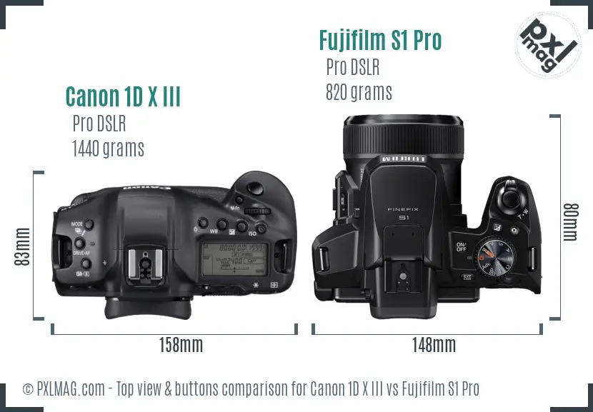 Canon 1D X III vs Fujifilm S1 Pro top view buttons comparison