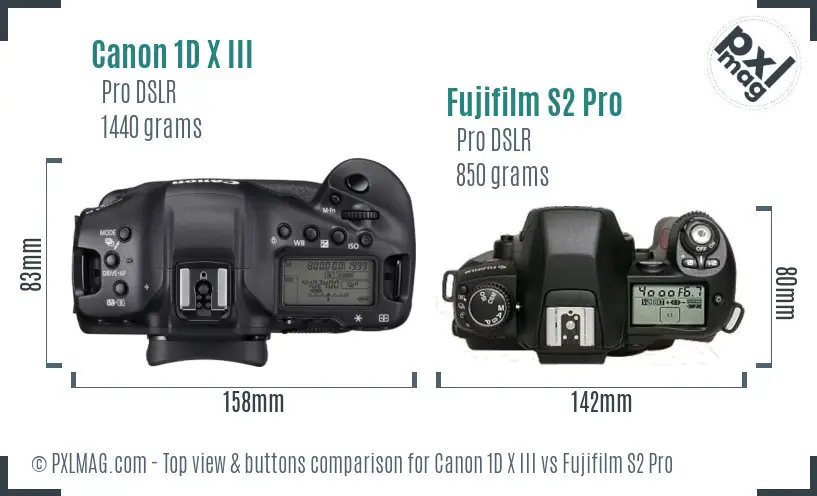 Canon 1D X III vs Fujifilm S2 Pro top view buttons comparison