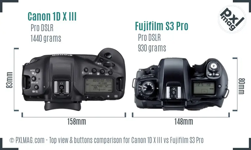 Canon 1D X III vs Fujifilm S3 Pro top view buttons comparison