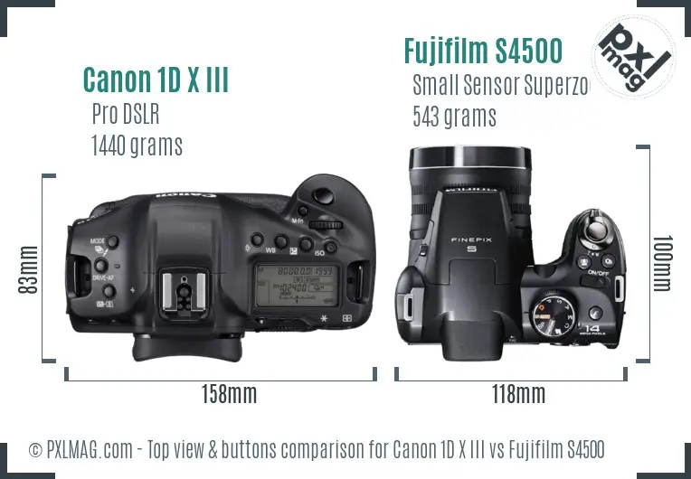 Canon 1D X III vs Fujifilm S4500 top view buttons comparison