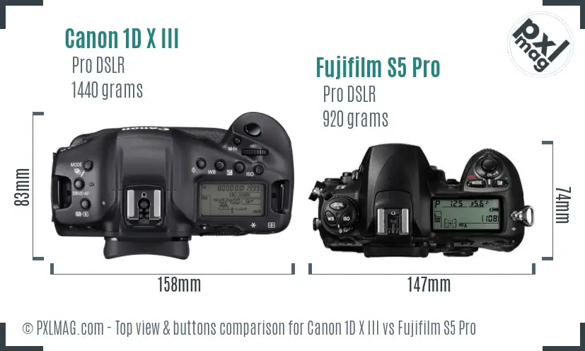 Canon 1D X III vs Fujifilm S5 Pro top view buttons comparison