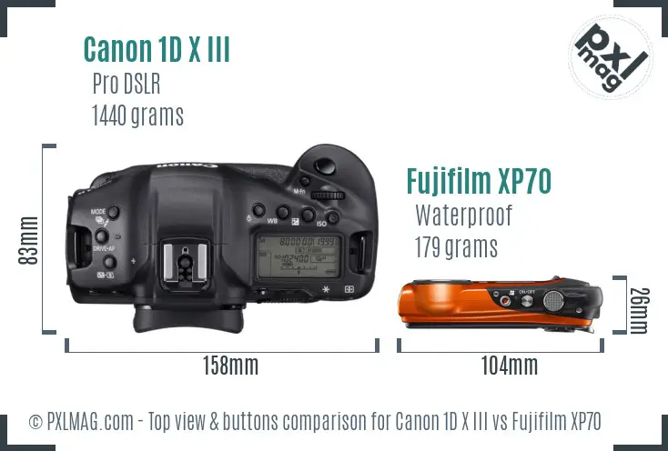 Canon 1D X III vs Fujifilm XP70 top view buttons comparison