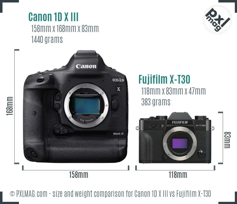 Canon 1D X III vs Fujifilm X-T30 size comparison