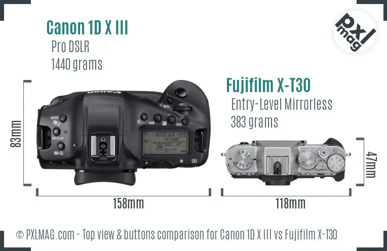 Canon 1D X III vs Fujifilm X-T30 top view buttons comparison