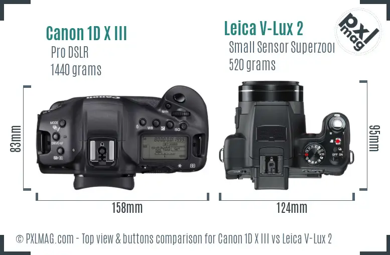Canon 1D X III vs Leica V-Lux 2 top view buttons comparison
