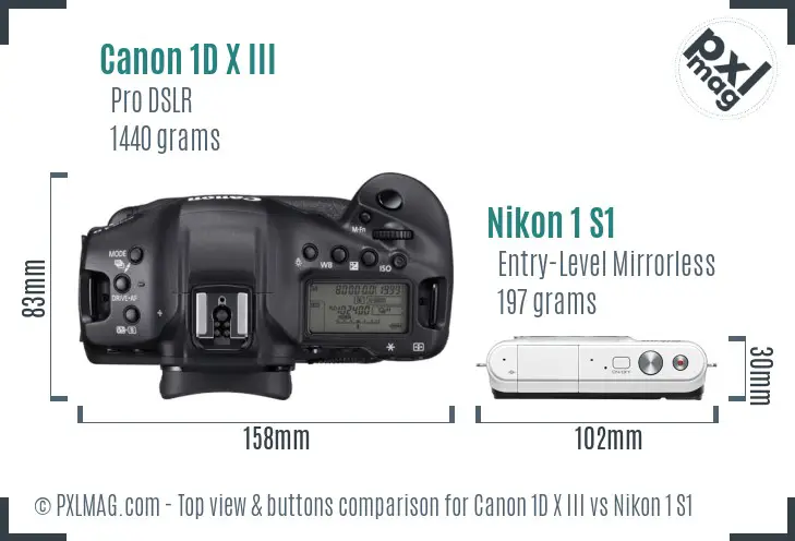 Canon 1D X III vs Nikon 1 S1 top view buttons comparison