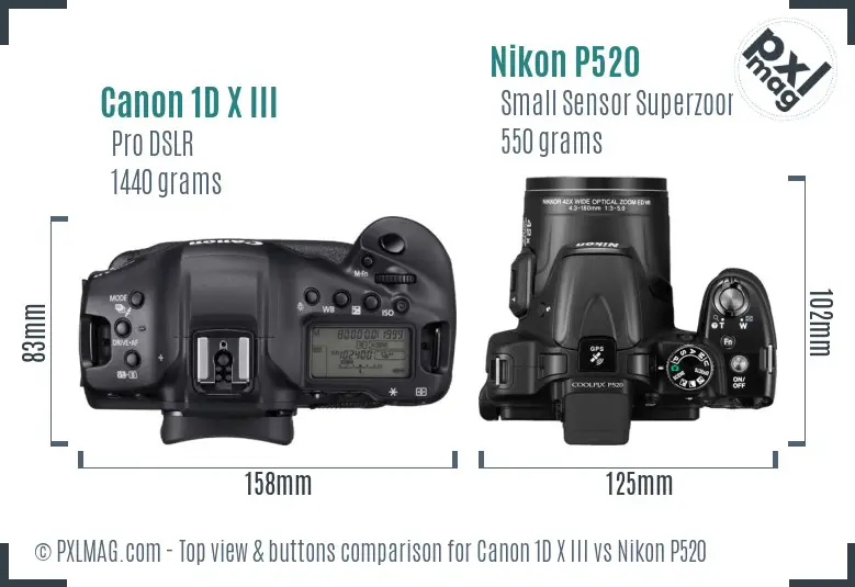 Canon 1D X III vs Nikon P520 top view buttons comparison