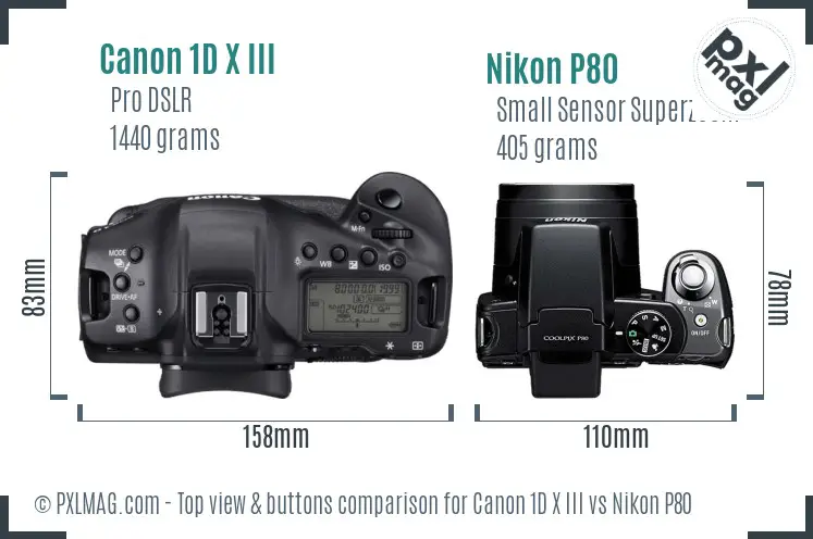 Canon 1D X III vs Nikon P80 top view buttons comparison