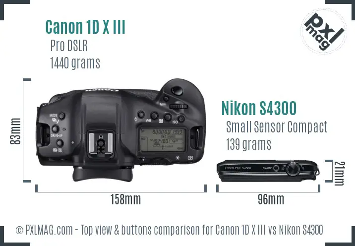Canon 1D X III vs Nikon S4300 top view buttons comparison