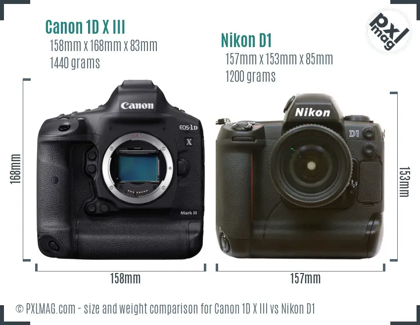 Canon 1D X III vs Nikon D1 size comparison