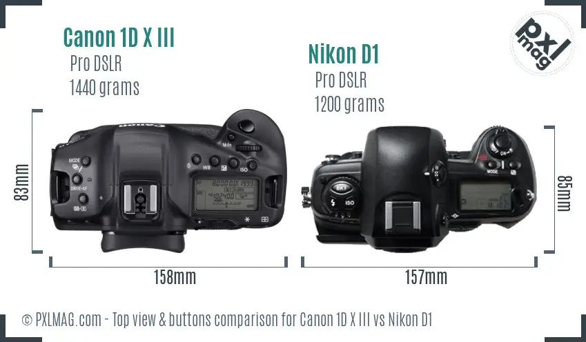 Canon 1D X III vs Nikon D1 top view buttons comparison