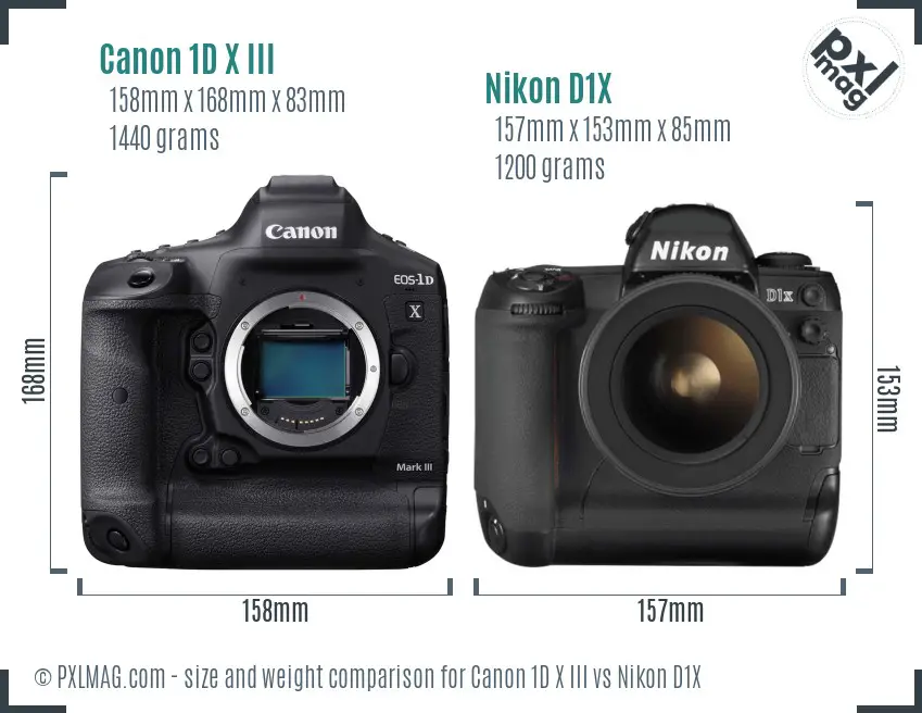 Canon 1D X III vs Nikon D1X size comparison
