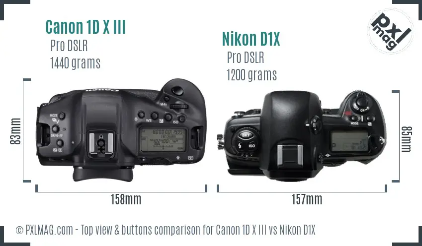 Canon 1D X III vs Nikon D1X top view buttons comparison
