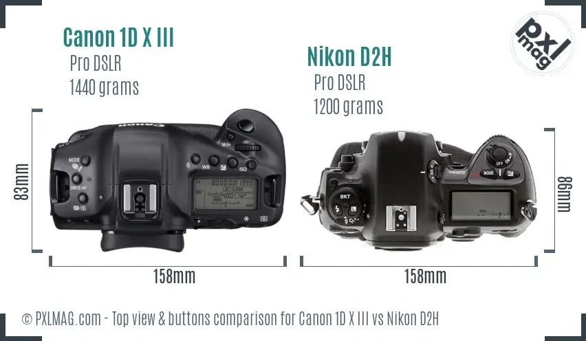 Canon 1D X III vs Nikon D2H top view buttons comparison