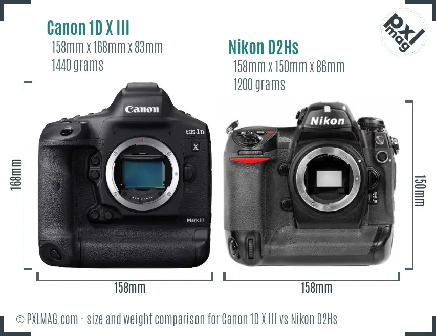 Canon 1D X III vs Nikon D2Hs size comparison