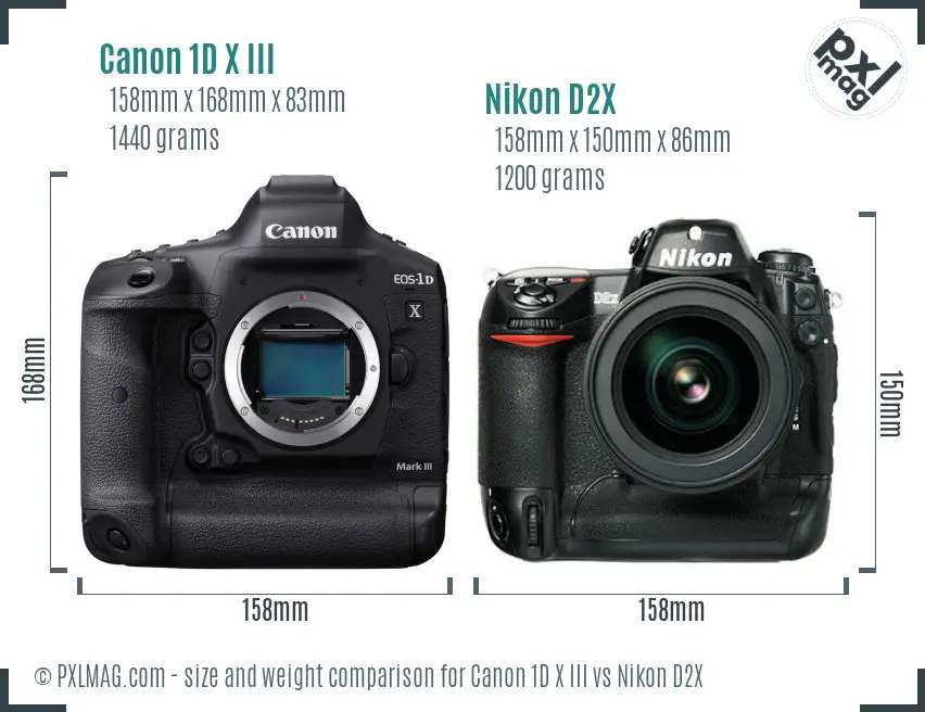 Canon 1D X III vs Nikon D2X size comparison