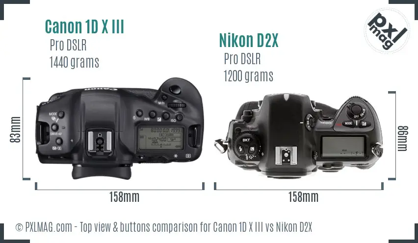 Canon 1D X III vs Nikon D2X top view buttons comparison