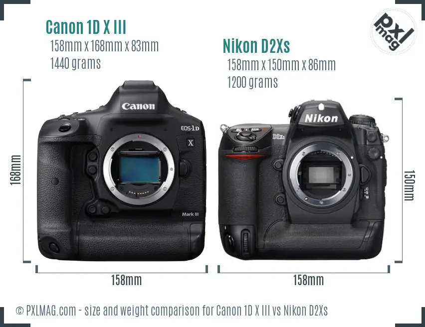 Canon 1D X III vs Nikon D2Xs size comparison