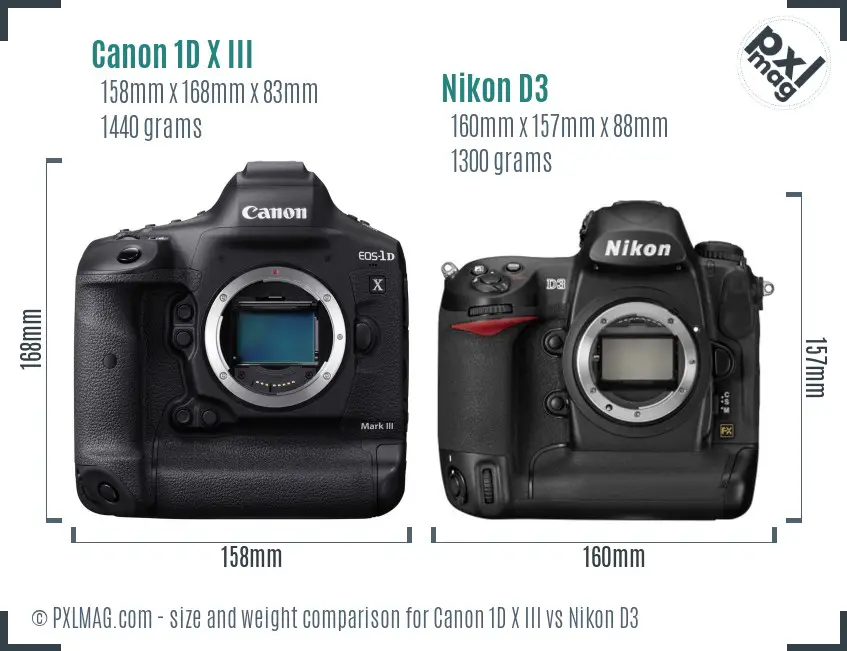 Canon 1D X III vs Nikon D3 size comparison