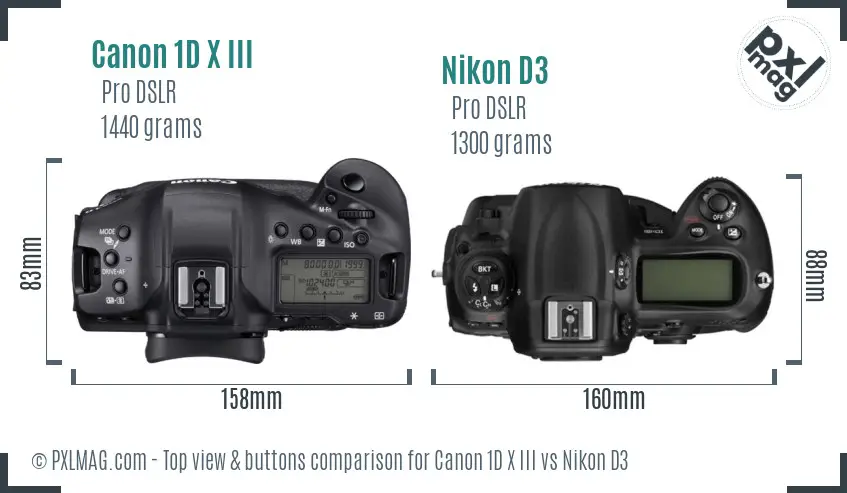 Canon 1D X III vs Nikon D3 top view buttons comparison