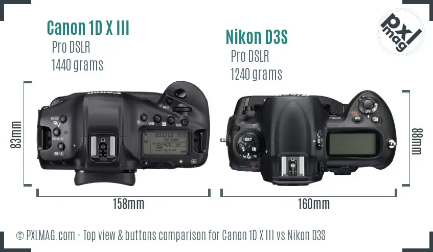 Canon 1D X III vs Nikon D3S top view buttons comparison