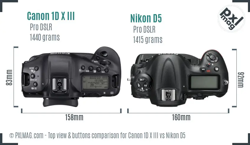 Canon 1D X III vs Nikon D5 top view buttons comparison