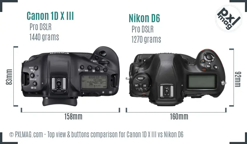 Canon 1D X III vs Nikon D6 top view buttons comparison