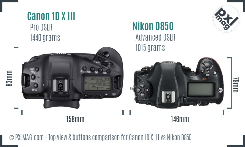 Canon 1D X III vs Nikon D850 top view buttons comparison