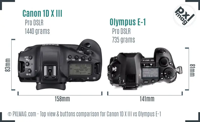 Canon 1D X III vs Olympus E-1 top view buttons comparison
