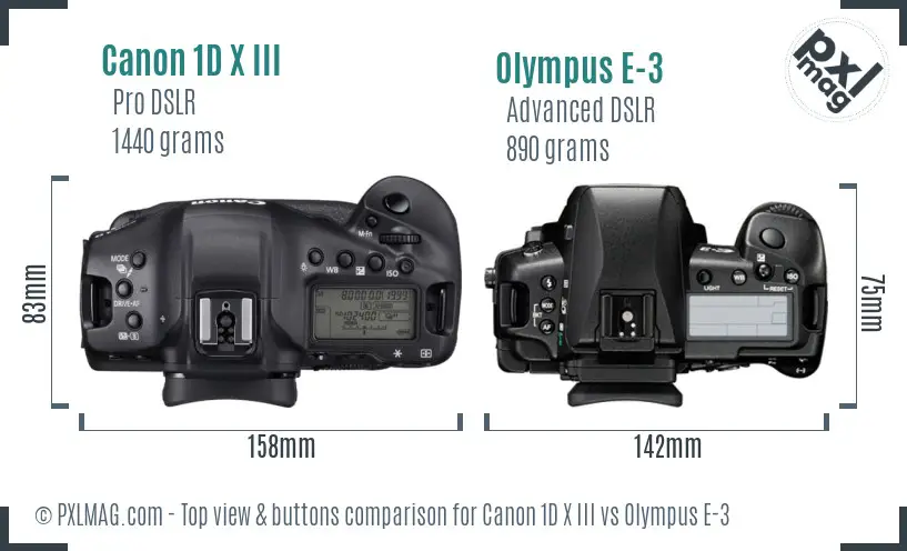 Canon 1D X III vs Olympus E-3 top view buttons comparison