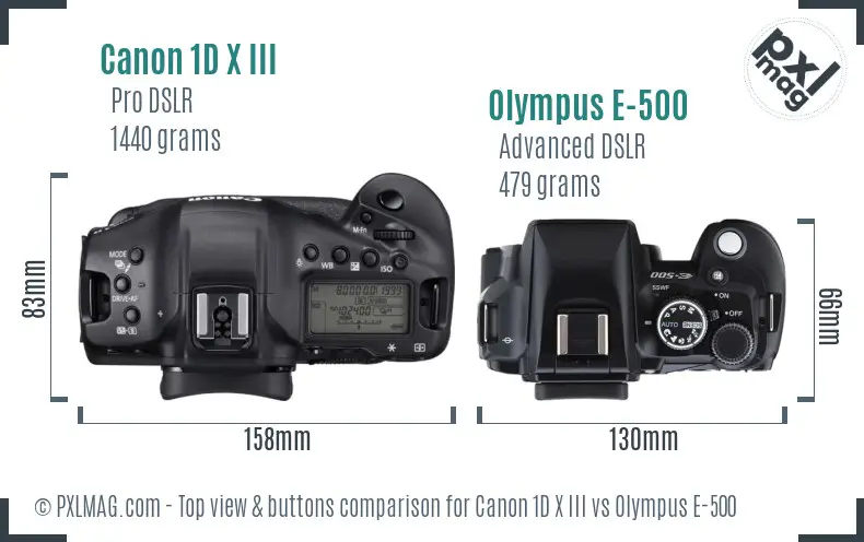 Canon 1D X III vs Olympus E-500 top view buttons comparison