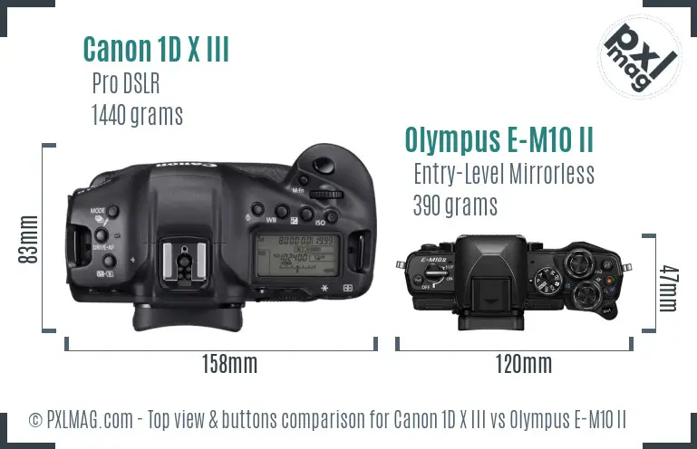 Canon 1D X III vs Olympus E-M10 II top view buttons comparison