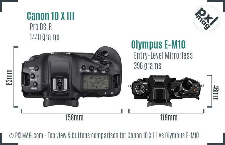 Canon 1D X III vs Olympus E-M10 top view buttons comparison
