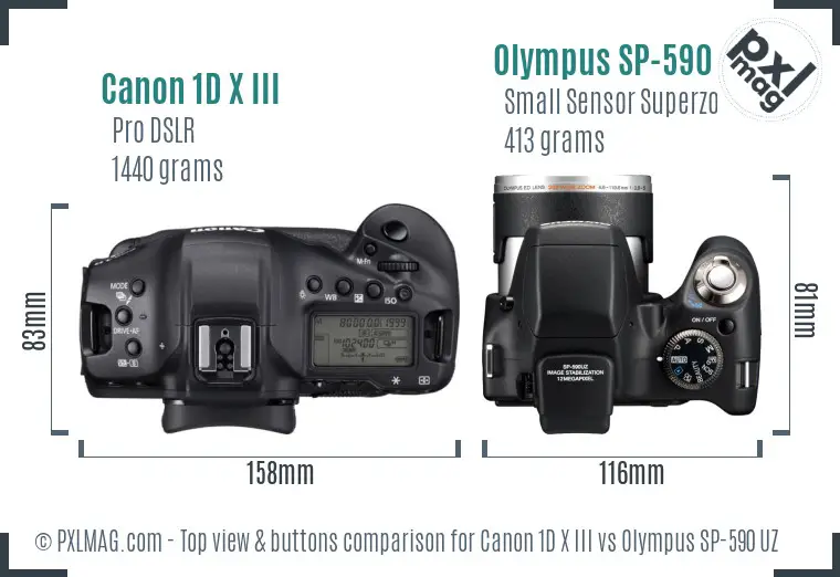 Canon 1D X III vs Olympus SP-590 UZ top view buttons comparison