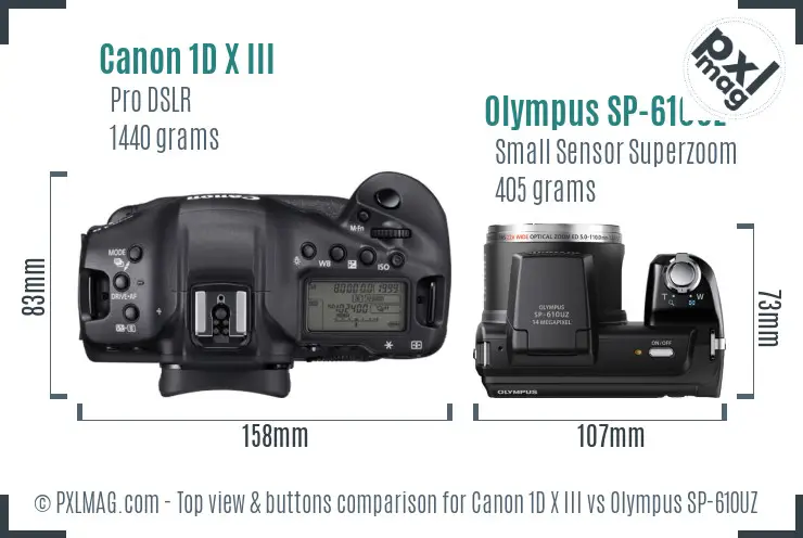 Canon 1D X III vs Olympus SP-610UZ top view buttons comparison