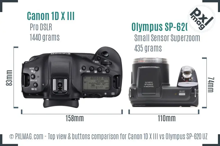 Canon 1D X III vs Olympus SP-620 UZ top view buttons comparison