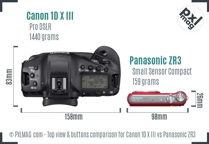 Canon 1D X III vs Panasonic ZR3 top view buttons comparison