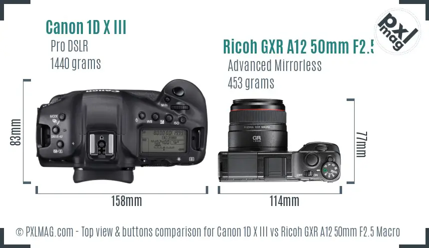Canon 1D X III vs Ricoh GXR A12 50mm F2.5 Macro top view buttons comparison