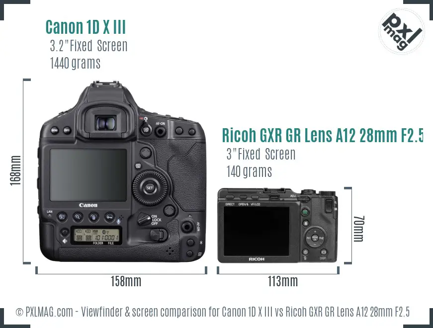 Canon 1D X III vs Ricoh GXR GR Lens A12 28mm F2.5 Screen and Viewfinder comparison