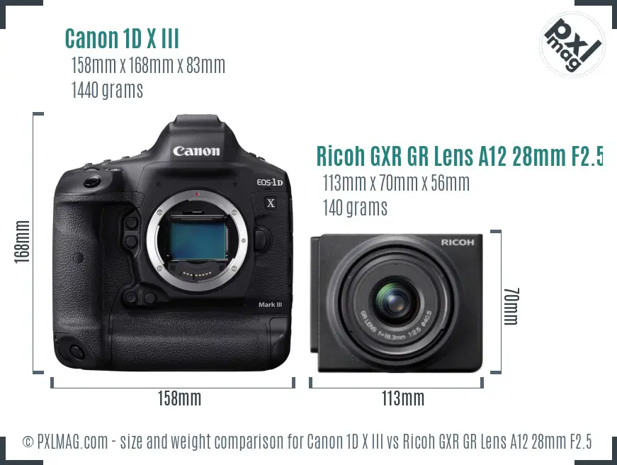 Canon 1D X III vs Ricoh GXR GR Lens A12 28mm F2.5 size comparison