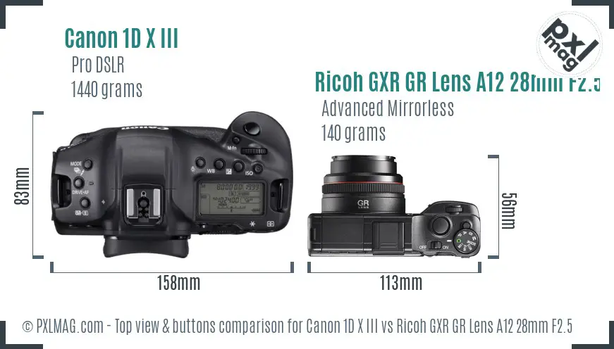 Canon 1D X III vs Ricoh GXR GR Lens A12 28mm F2.5 top view buttons comparison