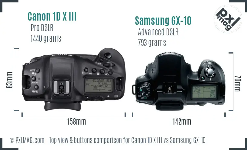 Canon 1D X III vs Samsung GX-10 top view buttons comparison