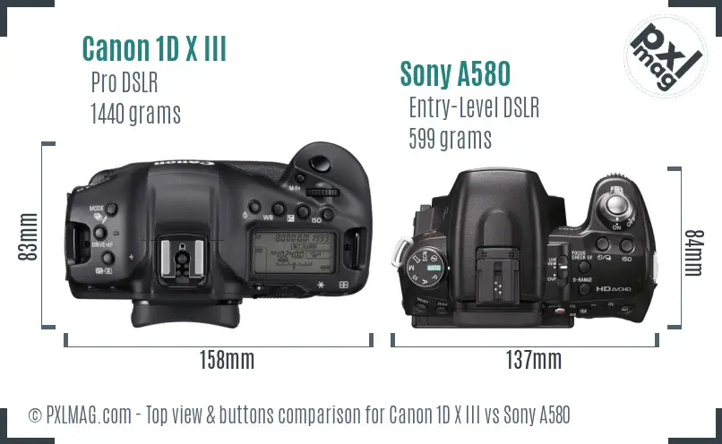 Canon 1D X III vs Sony A580 top view buttons comparison