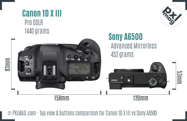 Canon 1D X III vs Sony A6500 top view buttons comparison