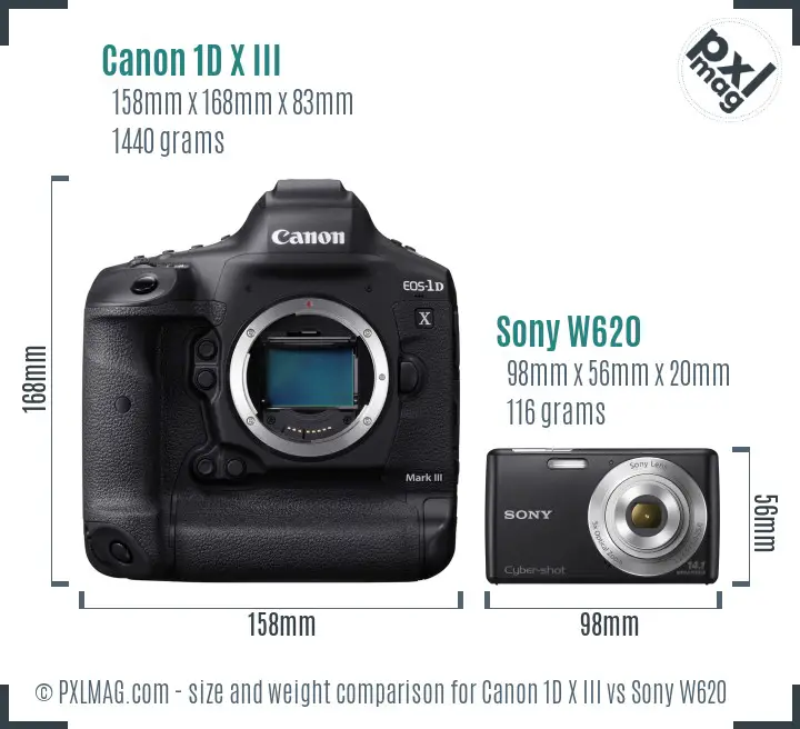 Canon 1D X III vs Sony W620 size comparison
