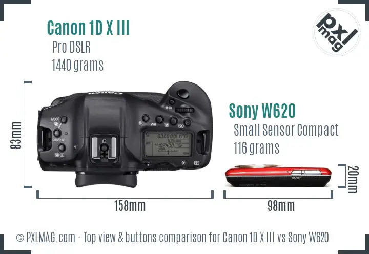 Canon 1D X III vs Sony W620 top view buttons comparison