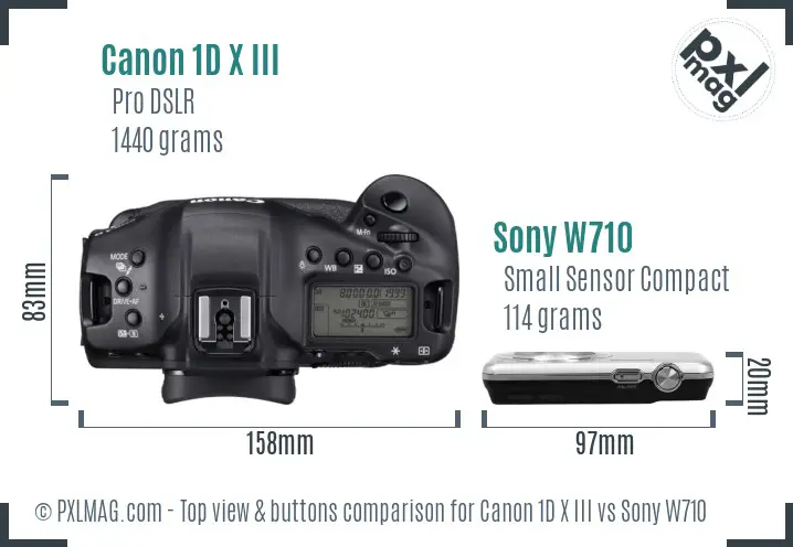 Canon 1D X III vs Sony W710 top view buttons comparison